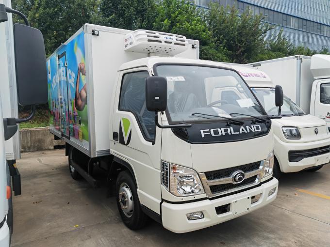 Front three-quarter view of Forland 4x2 light freezer truck with Hanxue cooling unit