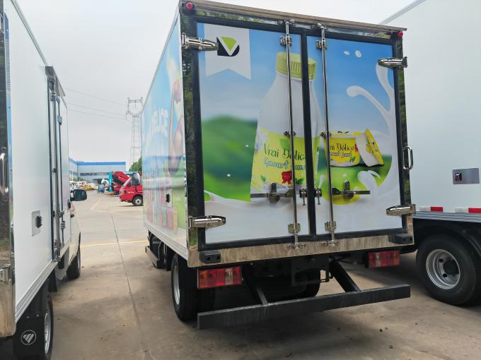 Rear view of Forland refrigerated truck body with Vrai Delice yogurt graphic livery