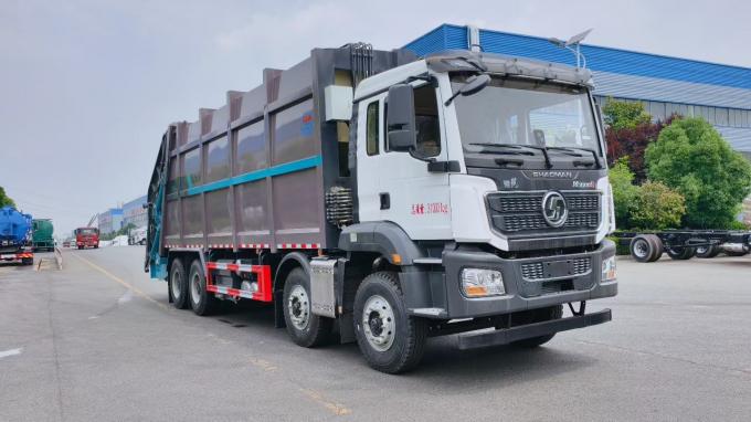 Three-Quarter Rear View of Shacman 8x4 Waste Truck Showing High-Pressure Rear Compactor Unit