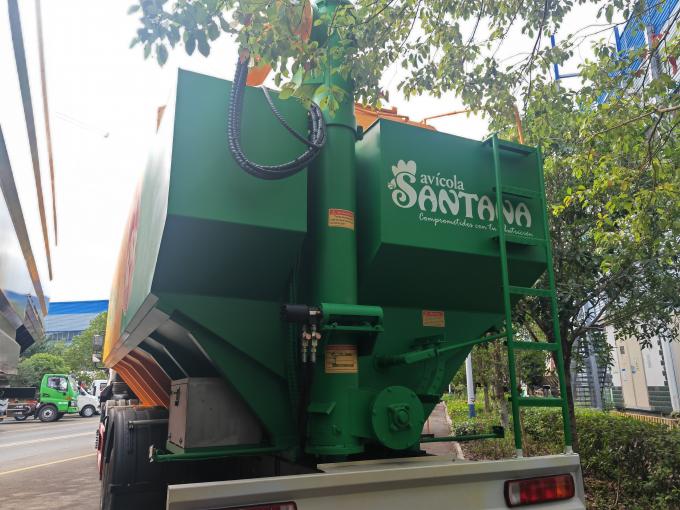 Rear view of Foton bulk feed truck showing vertical auger system and AvÃ­cola Santana logo